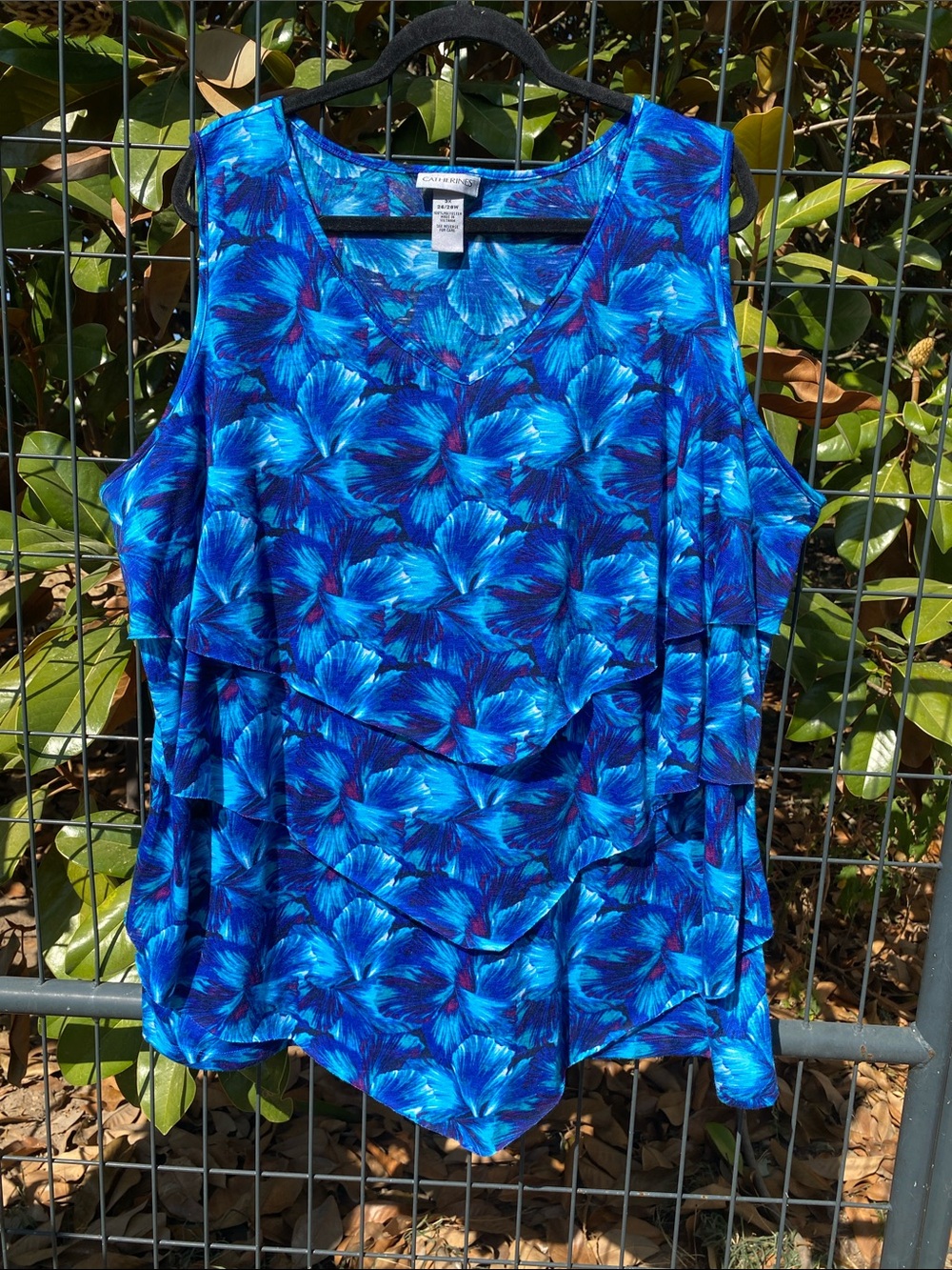 Catherines Plus Size 3X Blue Floral Cascading Tiered Sleeveless Top